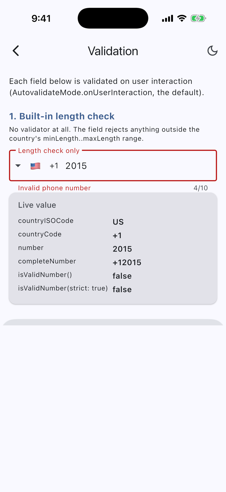 A field showing an Invalid phone number error, beside a panel listing the live PhoneNumber fields it reports