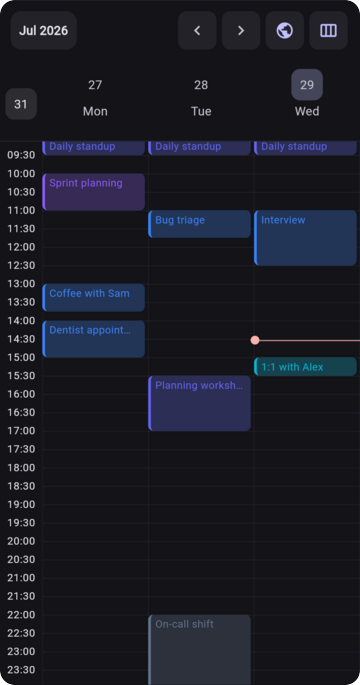 Three-day view on mobile, dark theme