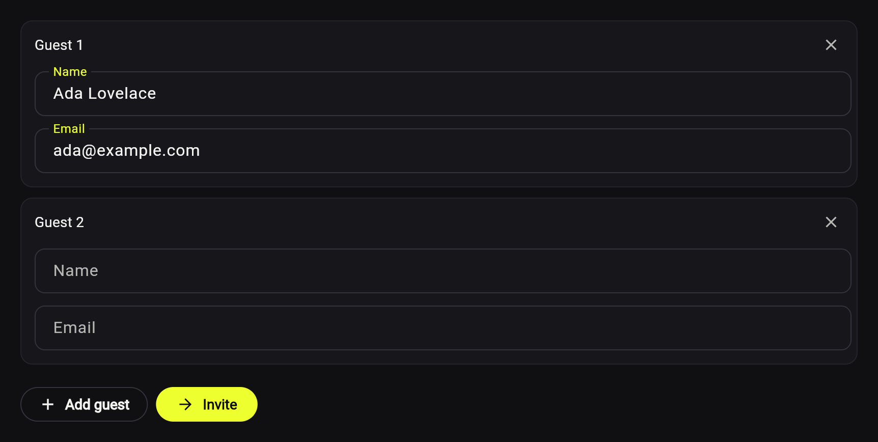 A guest list where each guest is a subform with its own name and email fields
