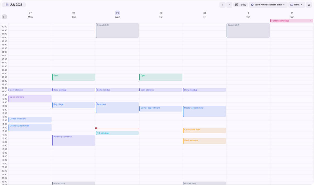 Week view on desktop, light theme