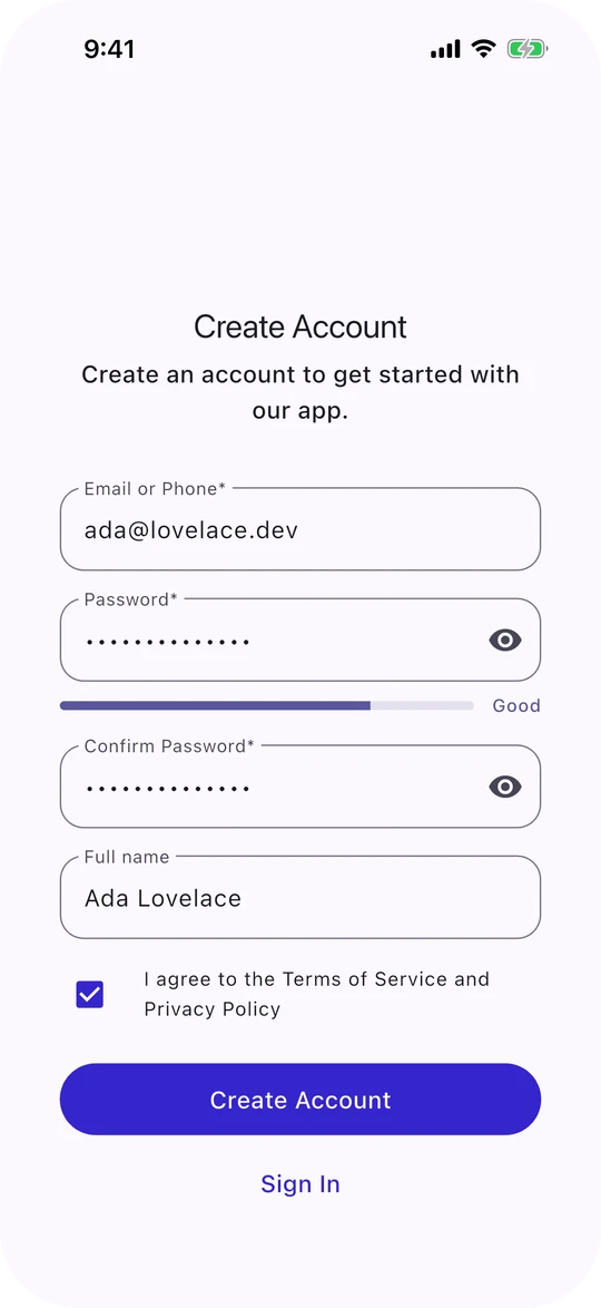 Sign-up form with extra field and strength meter