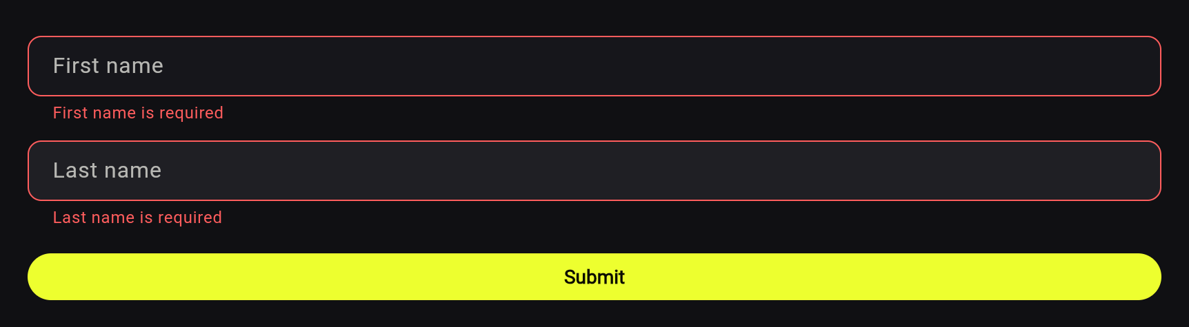 The signup form after an empty submit: both fields outlined in red, each with its own message