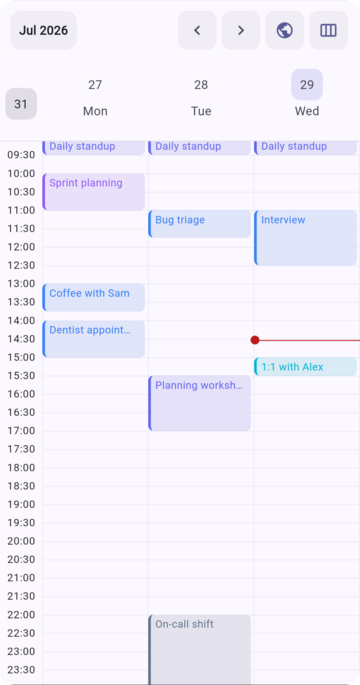 Three-day view on mobile, light theme